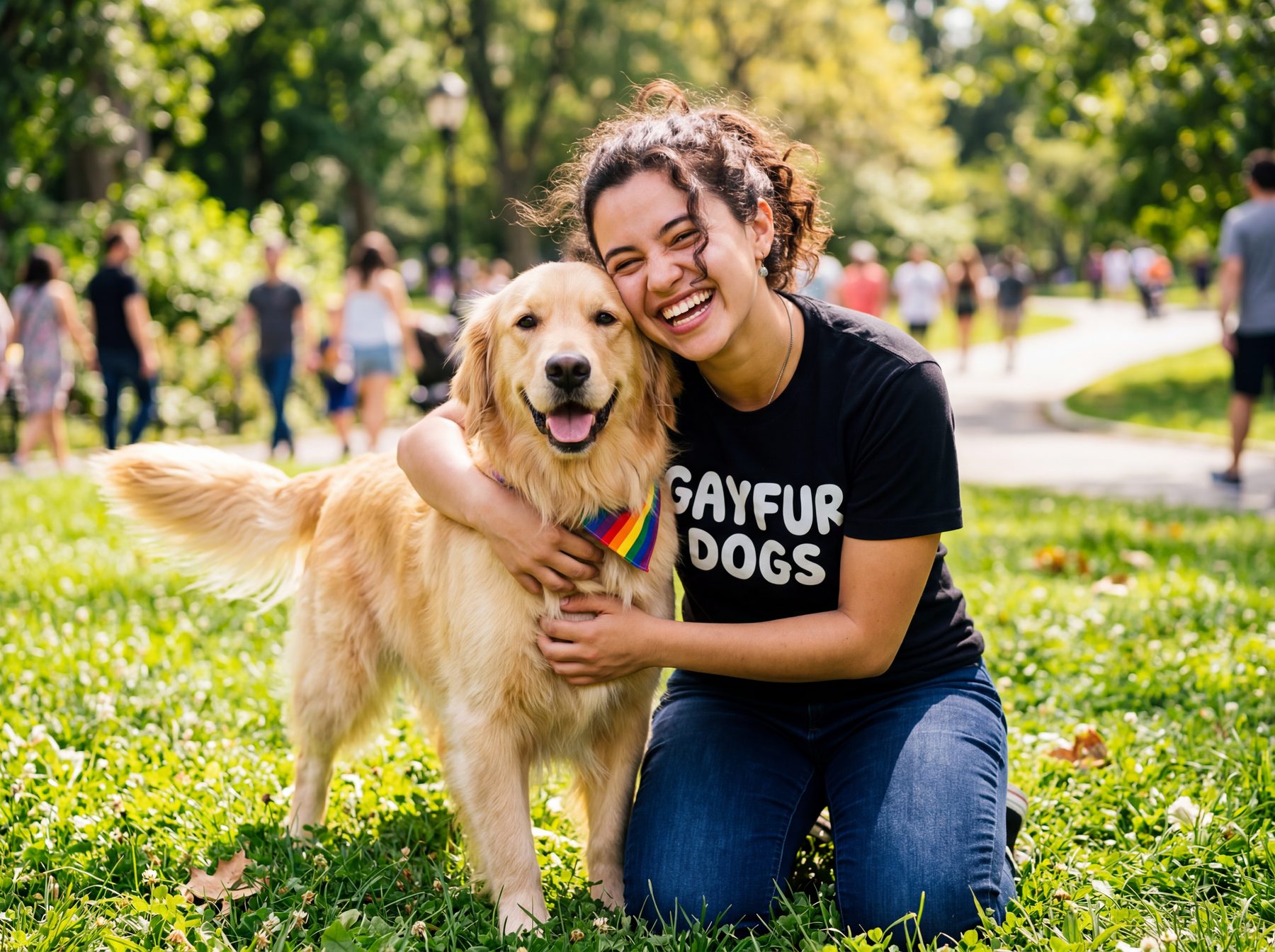 Woman hugging golden retriever wearing Gayfur Dogs shirt