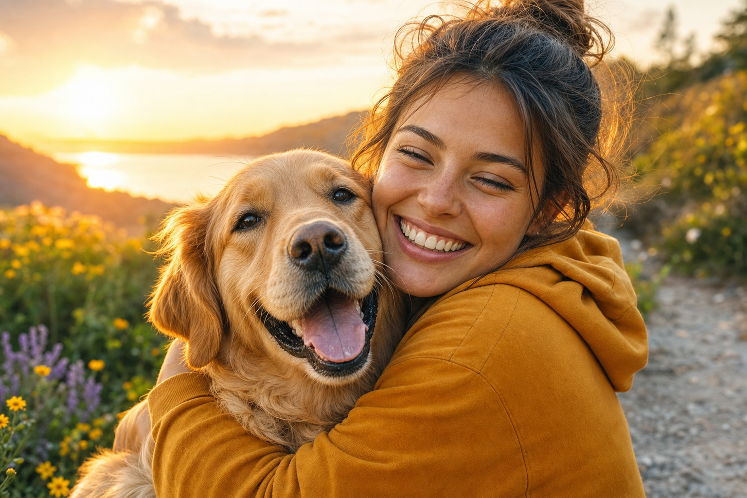 Woman hugging golden retriever wearing Gayfur Dogs shirt