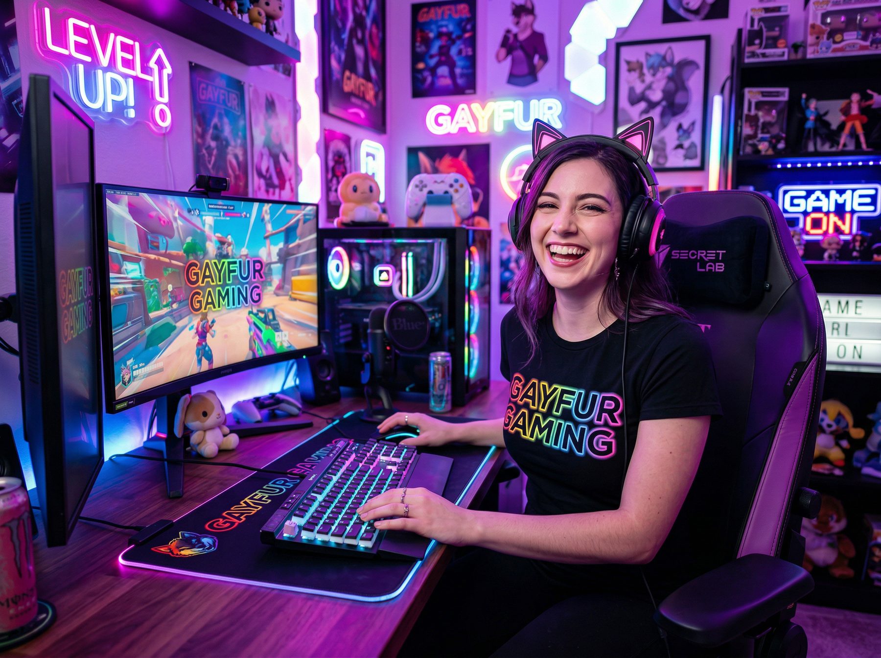 Woman gaming wearing Gayfur Gaming shirt