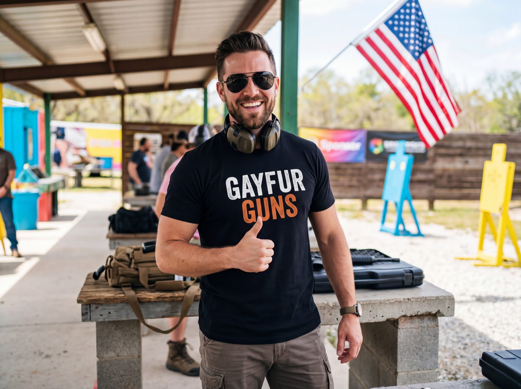 Man at shooting range wearing Gayfur Guns shirt