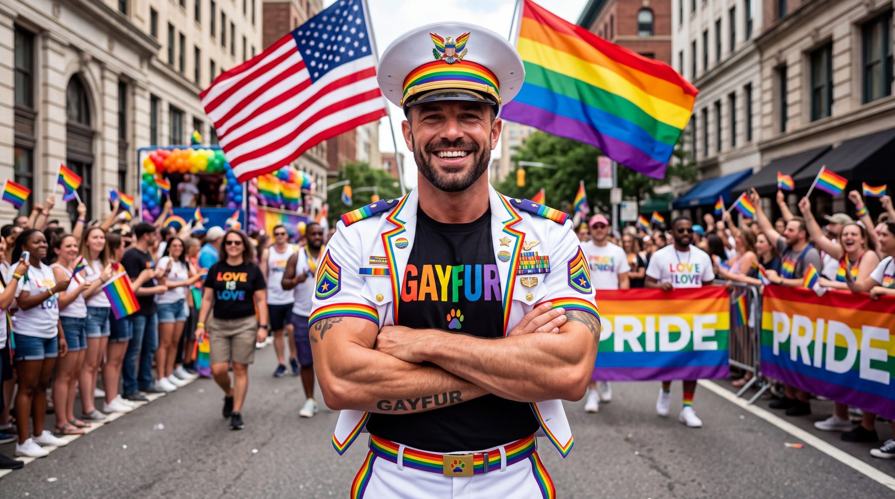 Sergeant Osiris wearing a Gayfur shirt, arms crossed, American flag behind him
