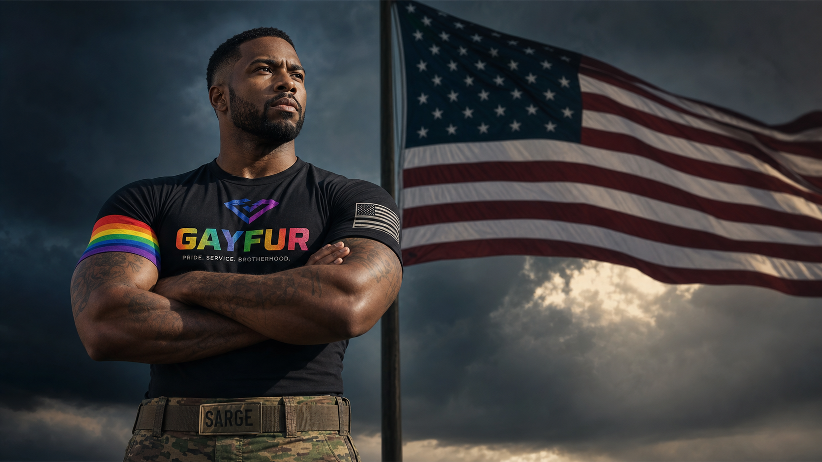 Sergeant Osiris wearing a Gayfur shirt, arms crossed, American flag behind him