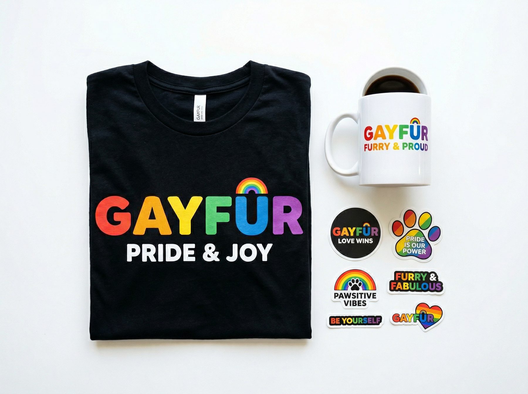 Gayfur merch flat lay - t-shirt, mug, and stickers