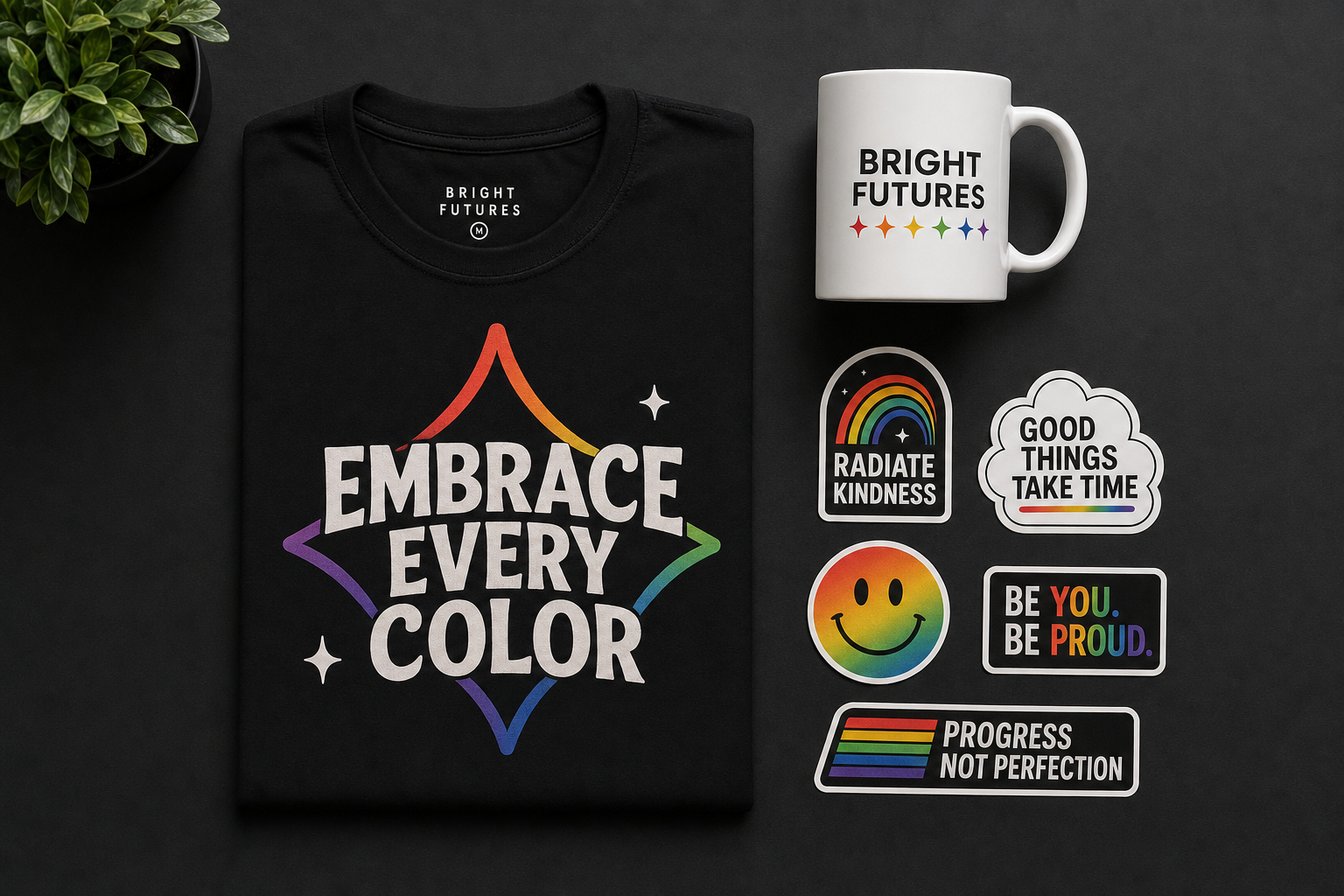 Gayfur merch flat lay - t-shirt, mug, and stickers