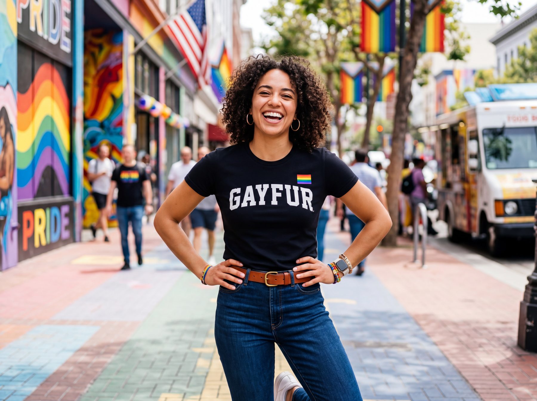 Woman in Gayfur t-shirt, hands on hips, big smile