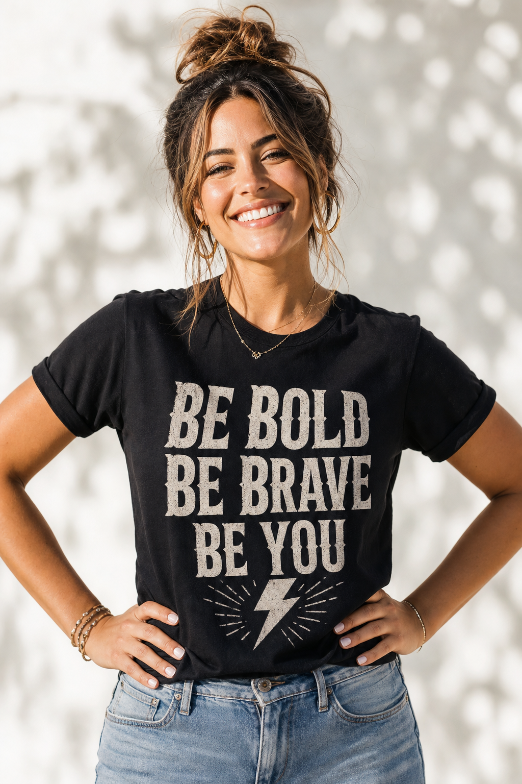 Woman in Gayfur t-shirt, hands on hips, big smile